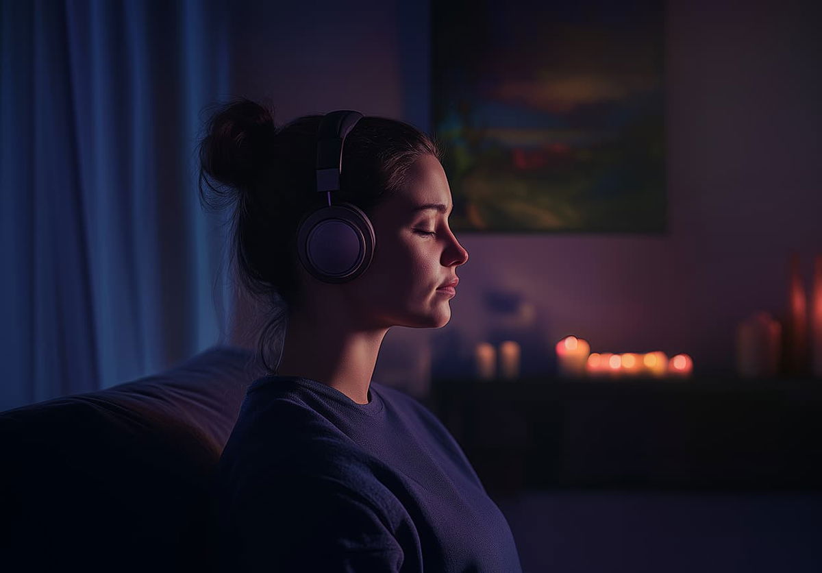 Vrouw die met de koptelefoon luistert naar de Meditation Moments app